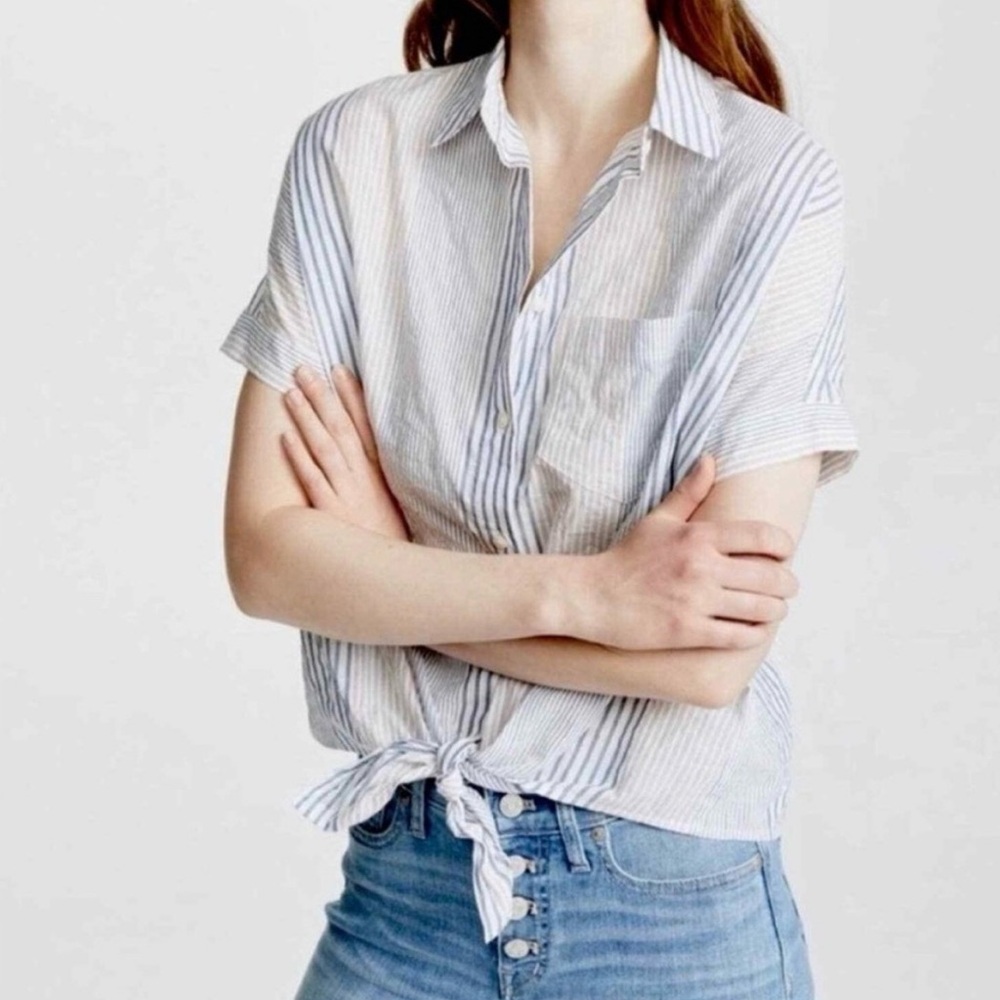 Madewell Rawley Blue Red Striped Button Down Tie-Hem Crop Cotton Blouse Size L